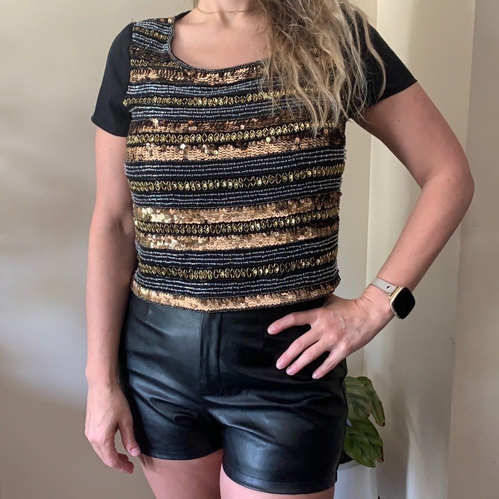 Gianni Bini Gold Sequin Black Blouse